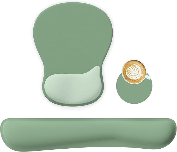 WINTOJO Wrist Rest Support for Mouse Pad Keyboard Set Circle Coaster Gaming Mouse Pad Ergonomic Gel Memory Foam Set for Computer, Laptop, Office, Pain Relief, Comfortably Typing Pure Green KM-34