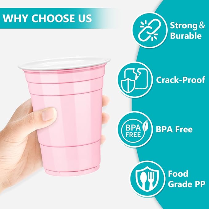 LANLISA 100 Light Pink Plastic Cups, 16 oz Disposable Cups, Drinking Cups For Party Supplies