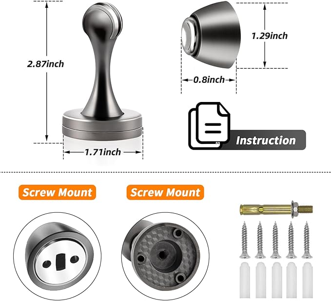 KOLAKO Door Stops, Magnetic Door Stoppers for Bottom of Door, Brushed Stainless, Heavy Duty Magnet Door Stop Floor Wall Mount Soft Catch Door Holder Magnetic Doorstop with Screw, 2 Pack