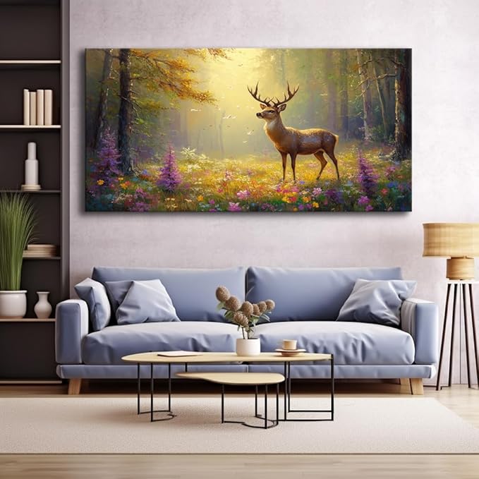ZESTRILIA Pretty Deer Forest Wall Art for Living Room Office Gold Mustard Yellow Wildlife Wildflower Canvas Painting Prints Spring Wild Life Artwork Girls Bedroom Decor Large (46x23 Inches)
