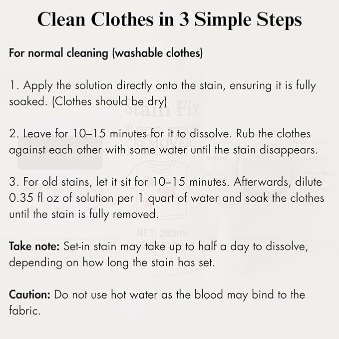 Blood Stain Remover for Clothes (8.79oz) - Removes Blood & Period Stains from Clothes, Mattress & Sheets - Enzyme Formula for Fresh & Dried Stains