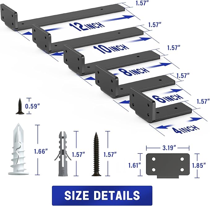 Goovilla Shelf Bracket, Heavy Duty Floating Shelf Brackets 4 inch Long, 6 Pack Brackets for Shelves, Black Coated Metal Wall Shelf Support Brackets with 1/5 Inch Thick and 160 lb. Load Capacity