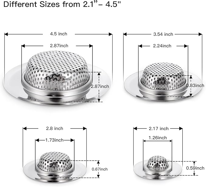 CORNERJOY 4 Pack Heavy Duty Stainless Steel Kitchen Sink Drain Strainer, Bathroom Hair Catcher Shower Drain Cover, Sink Tub Drain Stopper, Wash Basin Floor Drain, 2.1 to 4.5 Inch Diameter Rim