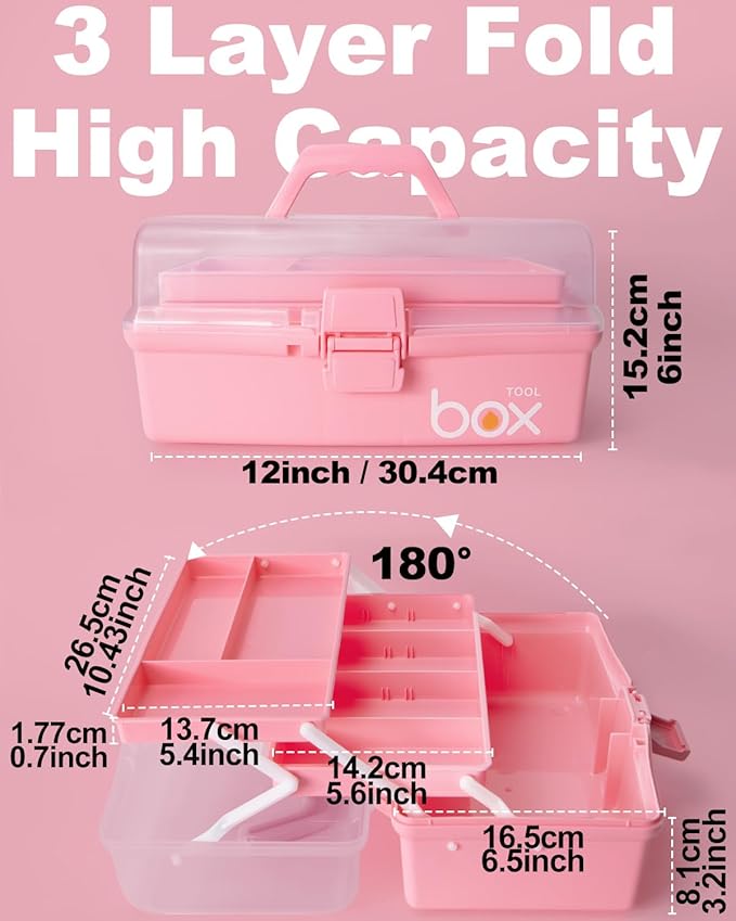 12in 3-Layer Plastic Craft Organizers and Storage, Portable Folding Tackle Box with Handle & Adjustable Dividers, Multipurpose Case for Sewing, Art Supplies, Medicine, Tools (Pink)
