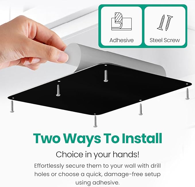 17.5inchX11.5inch Large Stainless Steel Plate for Magnets, 3M Adhesive Back, Mounting Screws, Ideal for Magnetic Shelf, Spice Holders, Colorful Magnets as a Gift. Mount Anywhere! (Black, 2 Pack)