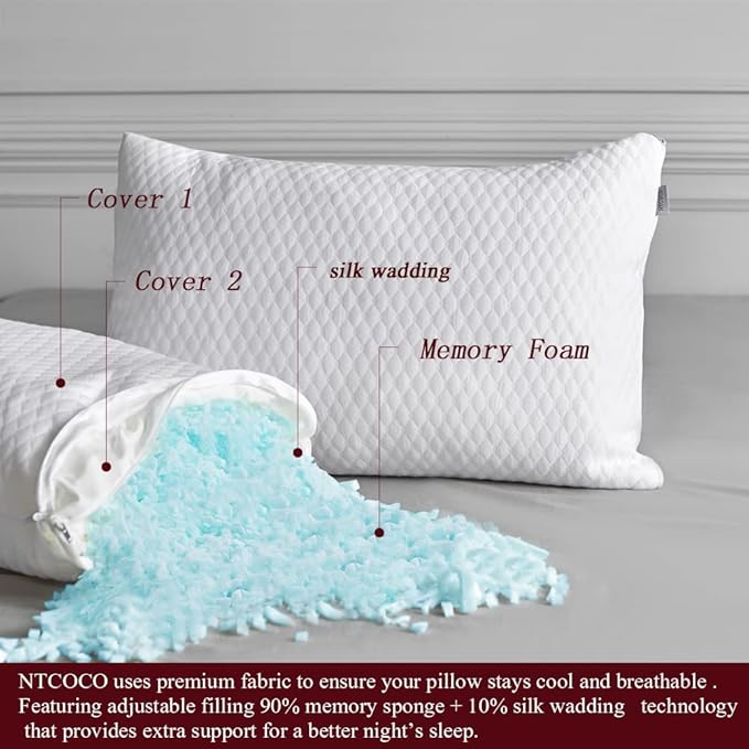 NTCOCO Pillow, Shredded Memory Foam Bed Pillows for Sleeping, with Washable Removable Cooling Hypoallergenic Sleep Pillow for Back and Side Sleeper, Queen (1-Pack)