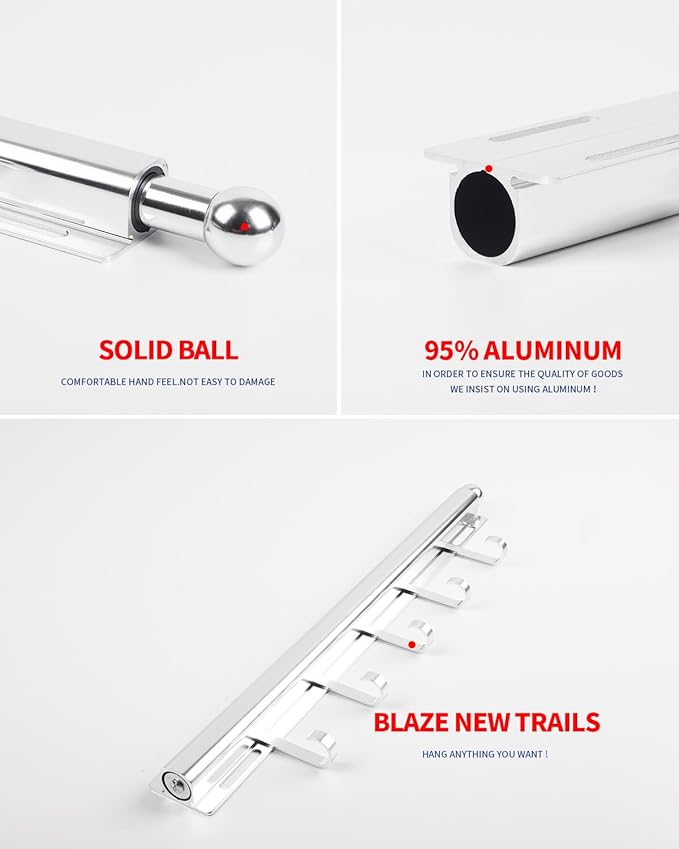 16.5 inch Valet Rod for Closets Pull Out Closet Valet Rod Slide Out Extra Long Silvery Valet Rods for Closets With 6 Hooks