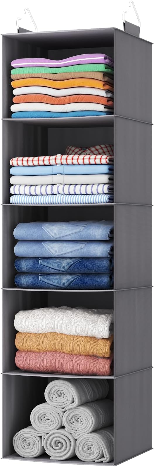 Lifewit 5 Tier Hanging Closet Organizer and Storage for Shelves, Foldable Clothes Storage Shelf with 2 Sturdy Hooks for Clothing Organization, Dorm Room Essentials for Guys, Gray