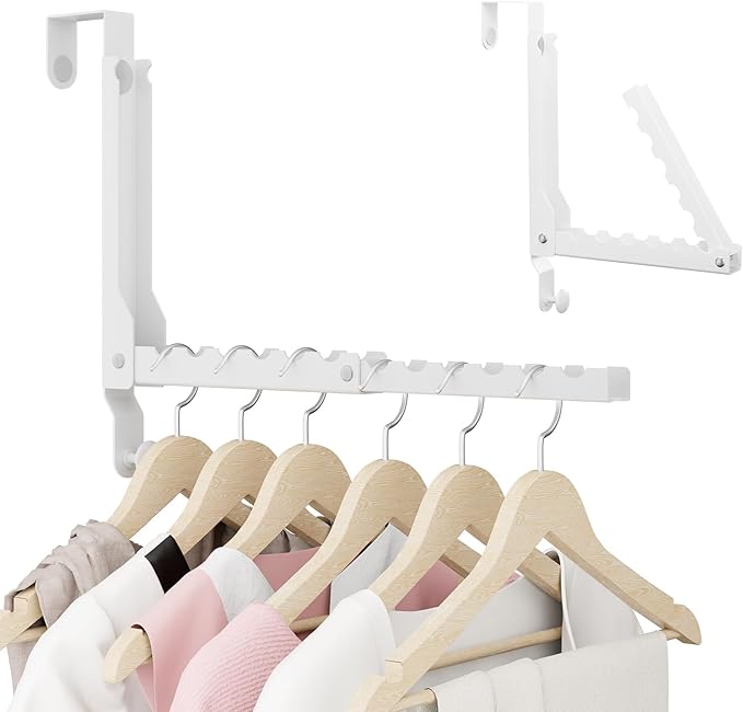 BAKON Over The Door Hangers, Over Door Hooks for Hanging, Small Space Dual Folding Portable Over Door Clothes Hanger for Clothes, Hats, Bags and Towels (1Pack,White(Update))