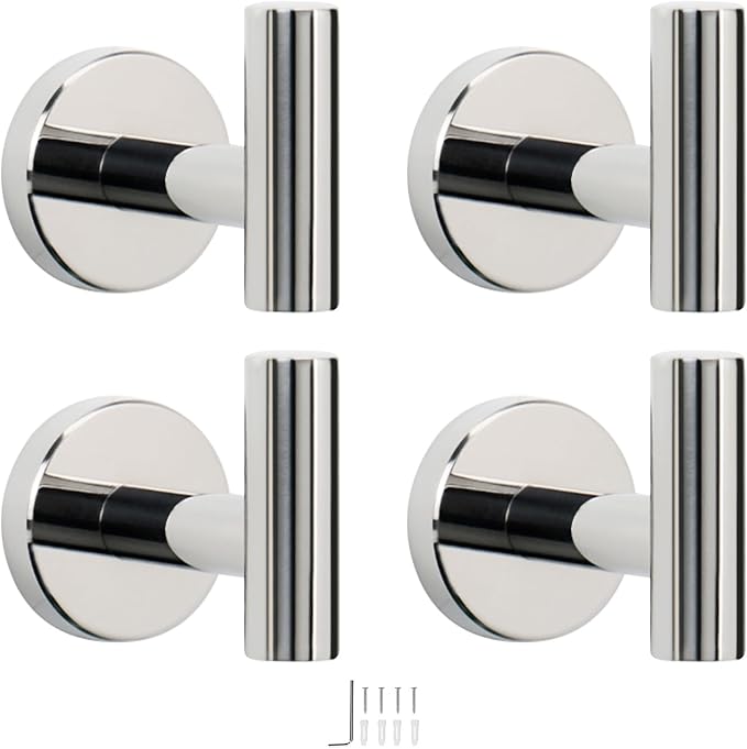 NearMoon Bath Towel Hooks - SUS 304 Stainless Steel Robe Hook Holder, Heavy Duty Coat Hook for Bathroom, Living Room, Hotel, Kitchen, Garage, Wall Mounted (Chrome Finish, 4 Pack)