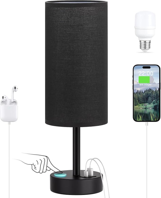 Black Touch Bedroom Lamp with USB - 3 Way Dimmable Table Lamp for Bedroom, Nightstand Lamp with Black Charging Station for Desk Dorm, Office, Boy Kids Room, Small