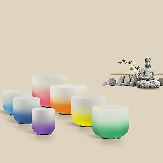 Ryan Dvan 432Hz 7"-12" Set of 7 Crystal Singing Bowl Set – Gradient Color Quartz Bowls for Chakra Healing, Meditation, Sound Bath & Yoga.Sound Therapy Tools with Suede Mallets & O-Rings.