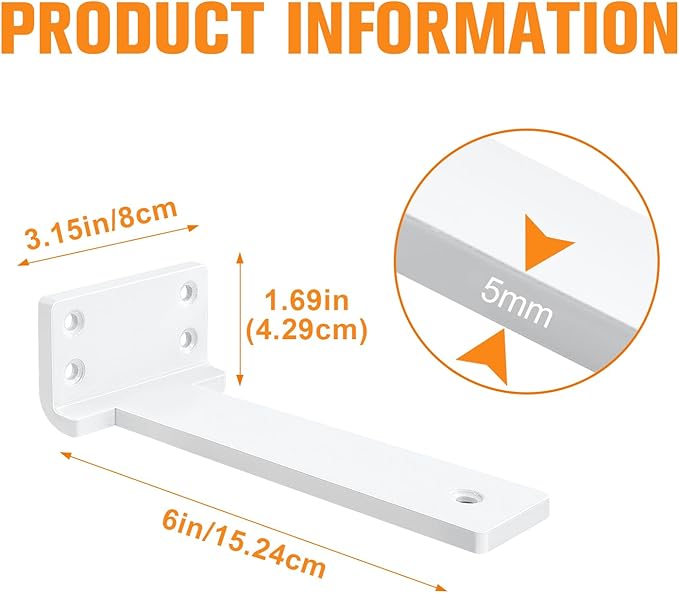Floating Shelf Brackets 6 inch 8 Pack L Brackets for Shelves White Metal Heavy Duty Shelf Bracket for DIY Decorative with Mounting Hardware