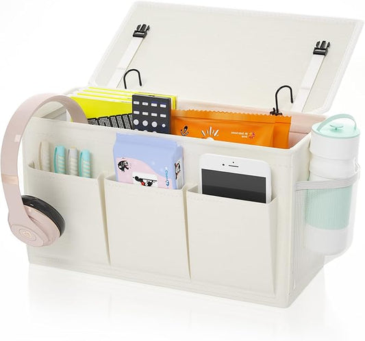 Dual-purpose Bedside Caddy Bedside Organizer, Bed Caddy with 6 Pockets, Versatile Bedside Storage Solution Magazine Remotes holder, ideal for Home, Dorm, Hospital, Crib Bed (White)