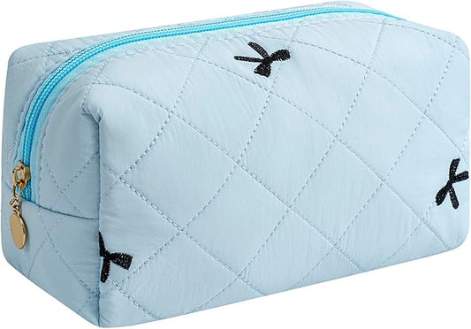 HHQQWZ Makeup Bag Travel Cosmetic Bag for Women Girls, Zipper Make Up Pouch, Floral Flowers Toiletry Organizer Makeup, Portable Storage Cosmetic Travel Cloth Bag (Sky Blue)