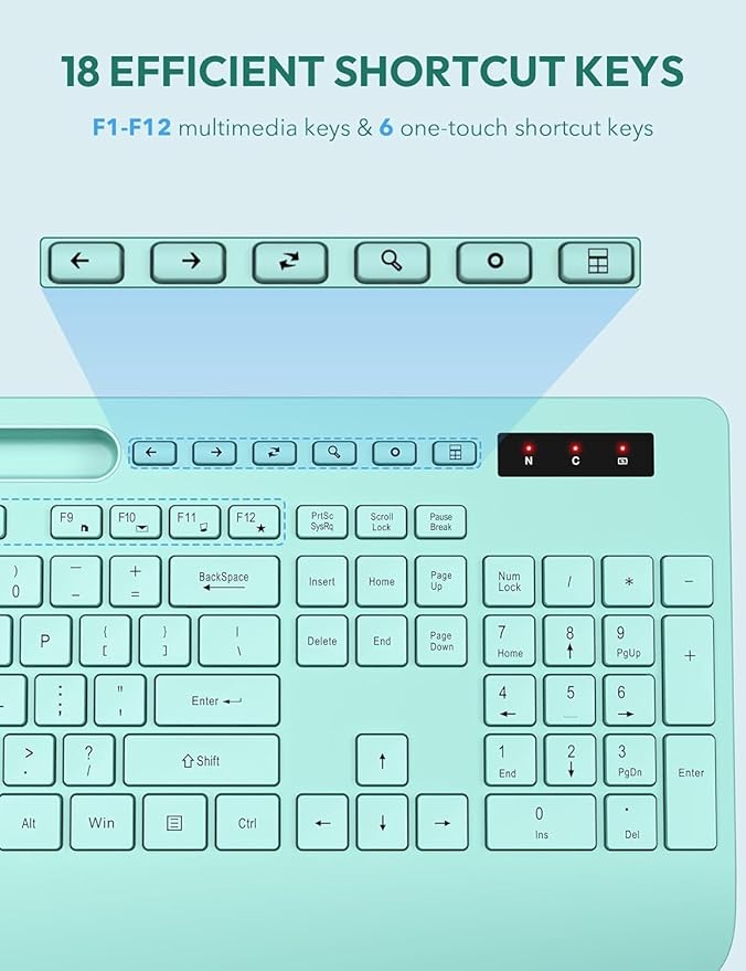 SABLUTE Wireless Keyboard and Mouse, Wrist Rest, Phone Holder, Batteries Included, 2.4G Lag-Free Ergonomic Keyboards Mouse Combo, Silent Keyboard Cordless Set for PC, Laptop, PC, Windows, Mint Green