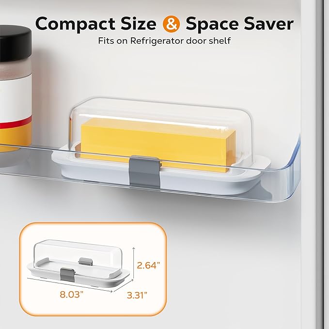 Pisol Butter Dish with Lid for Countertop and Refrigerator Door Shelf, Airtight Butter Keeper Container, Butter Holder for East/West Coast Butter, BPA-free, Microwave/Dishwasher Safe