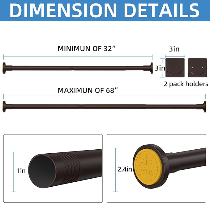 CorkLatta Matte Bronze Shower Curtain Rod,1 Inch Diameter Stainless Steel Adjustable Spring Tension Rods 32 to 68",with Holders,Anti-Slip,Curtain Rods No Drilling(1 Pack)