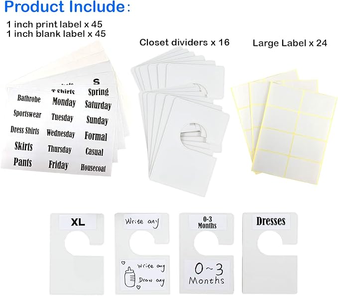 16 Pack White Clothing Rack Size Dividers Plus 60 Labels (1 Inch) and 16 Large Blank Labels, Large Rectangular Clothing Closet Dividers (Pearl White)