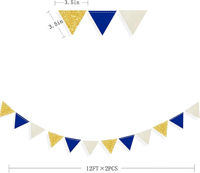 Blue Gold Beige Party Decoration Royal Gold Glitter Felt Hanging Triangle Mini Bunting Pennant Banner Flag for Birthday Wedding Graduation Baby Shower Nautical Ahoy Anchor Party Nursery Classroom Decor