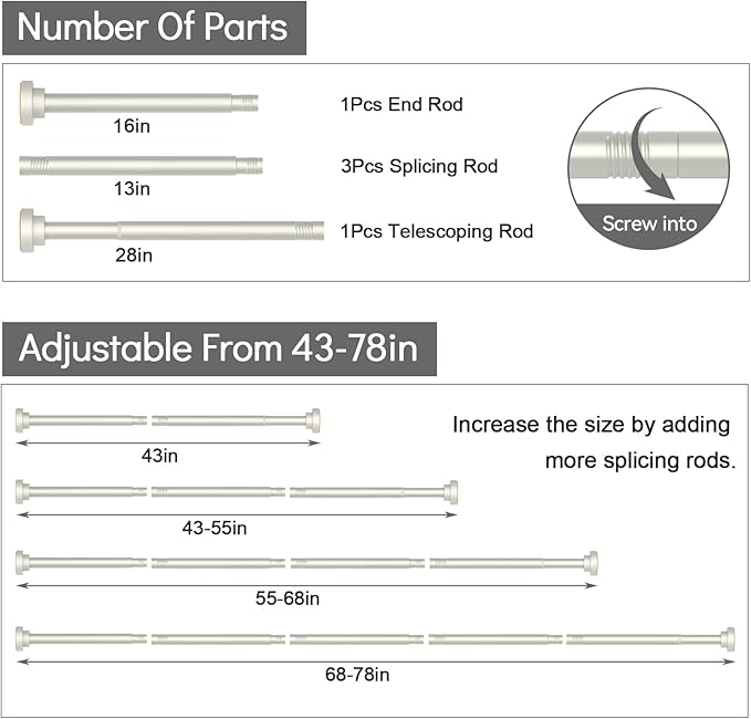 Thestoa Brushed Nickel Shower Curtain Rod Adjustable 43-78 inch, 1"Diameter Spring Tension Curtain Rod No Drill, Anti-Rust Non-Slip Shower Rod for Bathroom Tension Rod