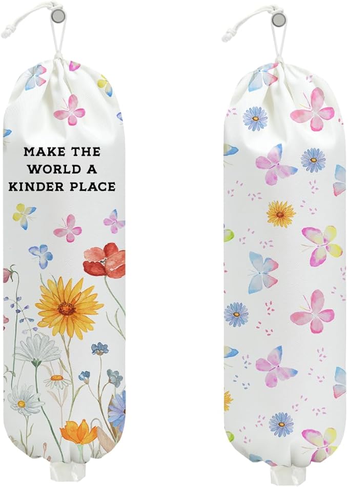 2 Pcs Flower Plastic Bag Holder, Wall Mount Grocery Bag Holder for Plastic Bags, Washable Large Grocery Bags Storage Dispenser for Home Kitchen Pantry Decor, Butterfly Gifts for Women, 22.5x9 Inch