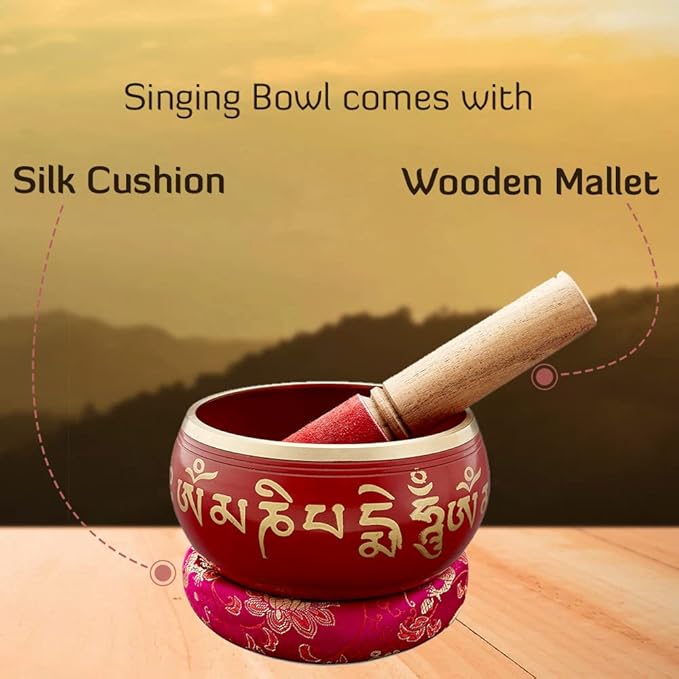 Tibetan Singing Bowl Set | Sacred Mantra Bowls | (Red 4 Inches)