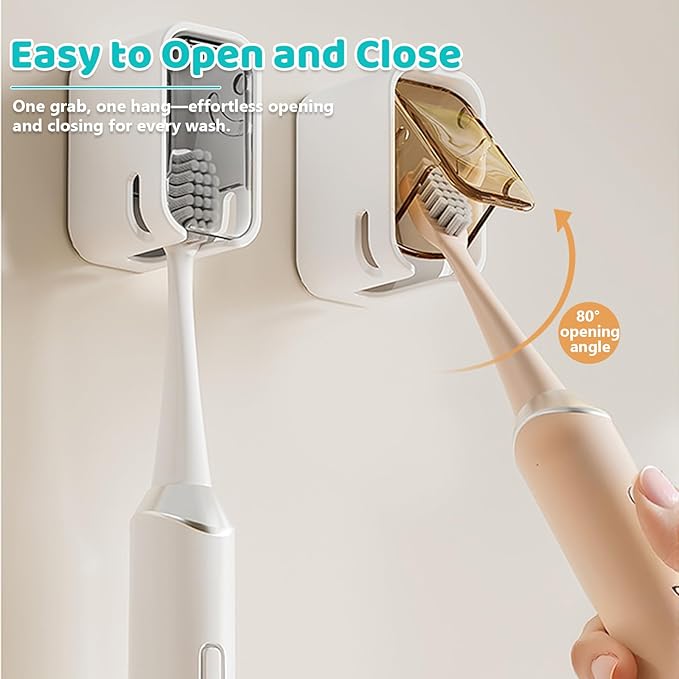 2 Pack Toothbrush Holders for Bathroom, Self Adhesive Wall Mounted Toothbrush Holder with Cover, Single Toothbrush Dispenser Storage Organizer for Family, Travel, Waterproof and Dustproof (Grey)
