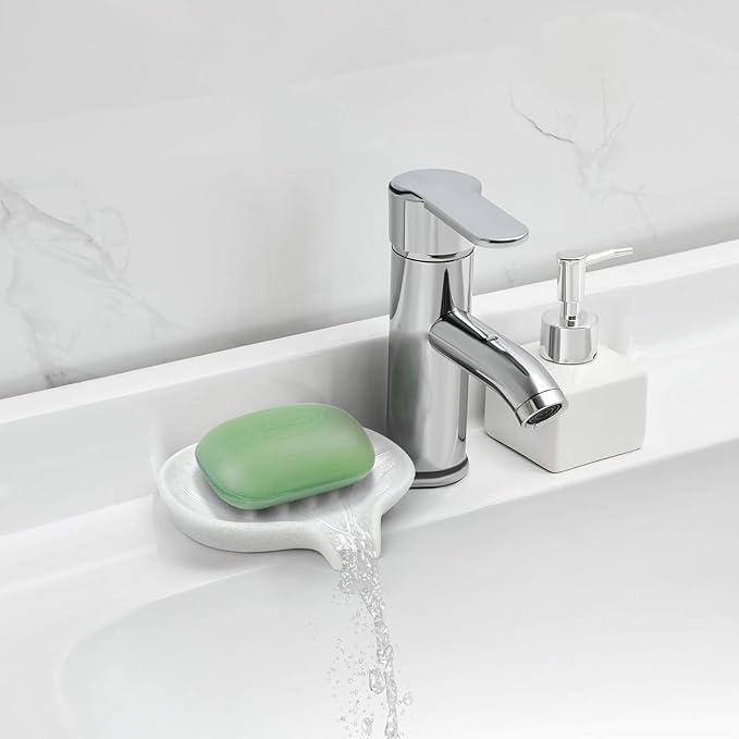 AUGFRYZIAN Soap Dish with Drain - Self-Draining Bar Soap Holder for Shower, Marble Look Soap Savers Soap Tray Sponge Holder for Kitchen, Bathroom, Bathtub Sink, Crystal White