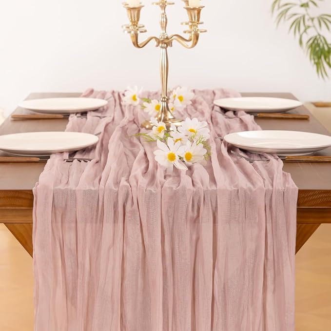 Socomi 3pcs Pink Cheesecloth Table Runner Summer Boho Rustic Gauze Dusty Pink Farmhouse 120 inch 10FT Cheese Cloth Sheer Runner for Wedding Party Baby Shower Birthday Home Decor