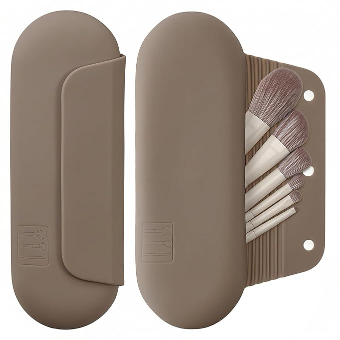 AGIKET Silicone Makeup Brush Holder Travel Cosmetic Bag: Soft Portable Cosmetic Face Brushes Holder with Upgraded Anti-Fall Out Magnetic Closure, Large Travel Makeup Brush Case - Coffea
