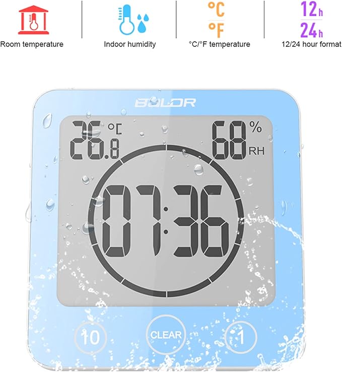 Digital Bathroom Shower Wall Clock Timer, LCD Digital Wall Clock with Suction Waterproof Temperature Humidity Gauge, Touch Screen Timer, Large Countdown Visual Timer Hanging Wall Clock