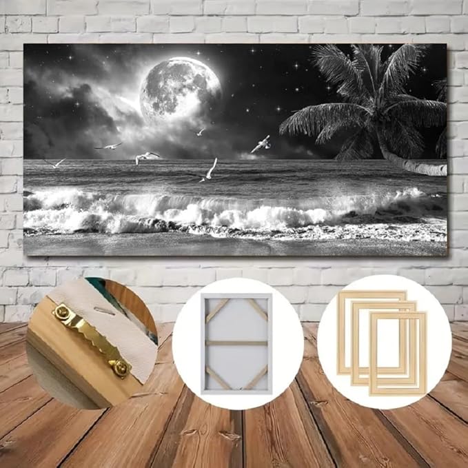 Yxbhhym large Black and White Beach Wall Art Moon Sea Ocean Prints Art Coast Canvas Pictures Paintings Seascape Poster Palm Artwork for Wall Office Decor living room Decoration Framed-30x60inches