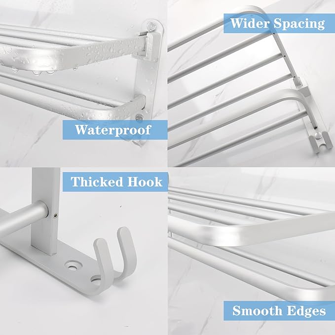 Towel Rack for Bathroom, Bath Towel Holder with Double Towel Bar and Fold-able Towel Shelf, Rustproof Towel Organizer Wall Mounted Towel Storage Hanger for Bath/Balcony/Lavatory(16In Sliver)