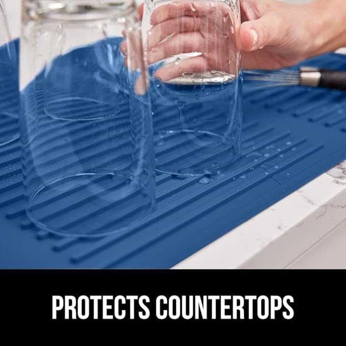 GORILLA GRIP 100% BPA-Free Patented Silicone Dish Drying Mat for Kitchen Counter, 18x16 Inch, Water Catching Ribbed Design, Easy Clean Waterproof Sink Liner, Heat Resistant, Fits Under Rack, Blue