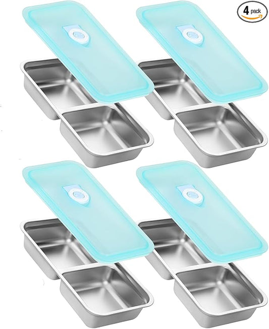 4-Pack Stainless Steel Snack Containers with Lids Reusable Double Compartment Food Storage for Meal Prep, Lunch & On-the-Go; Ideal for Snacks, Condiments, Dips at Office, School, Travel & Outdoor