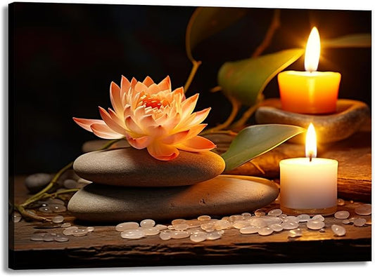 Zen Canvas Wall Art Lotus Flower Stone Painting Framed Spiritual Artwork Meditation Decor for Living Room Bedroom Ready To Hang(Artwork-2,20"x30")
