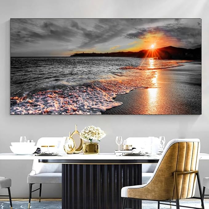 Yxbhhym-Bedroom Wall Decor Black and White Beach Pictures Canvas Wall Art for Living room Seascape Artwork for Walls Ocean Paitnings Poster Sea Sunset Art Print Framed Office Bathroom Decorations