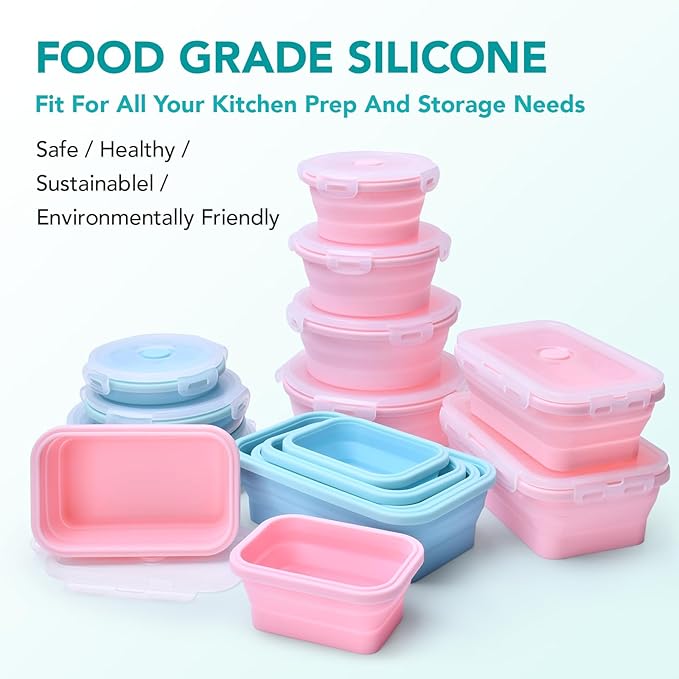 4 Pack Collapsible Storage Containers with Lids, Reusable Silicone Food Containers Set for Kitchen & Dining, Space Saving Collapsible Bowls for Travel, Camping, Easy Storage