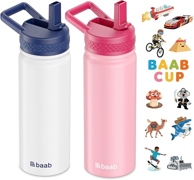 baab 18oz Kids Water Bottle, Insulated Water Bottle with Straw & Stickers, 18/8 Stainless Steel Vacuum Leakproof Kids Water Straw Cup for School, Gift for Boy Girl (Rose Pink+White, 2 Pack)