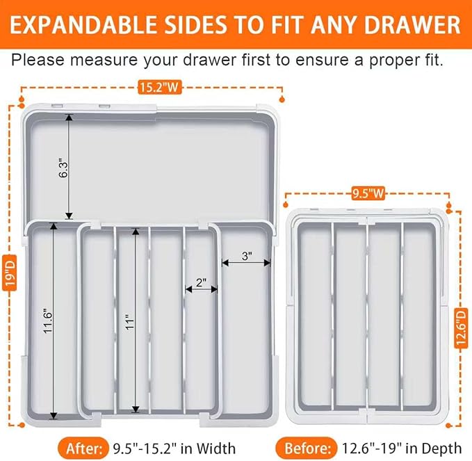 Expandable Silverware Drawer Organizer - 7 Compartments BPA-Free Kitchen Utensil Tray, Adjustable 12.6”×9.5" to 19"×15.2", Cutlery Drawer Organizer, Gray