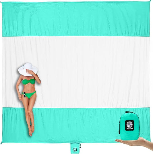 WEKAPO Beach Blanket Sandproof Waterproof, Extra Large Beach Mat, Oversized & Compact Sand Free, Quick Drying Beach Essentials for Vacation, Cruise, Picnic & Camping with Stakes