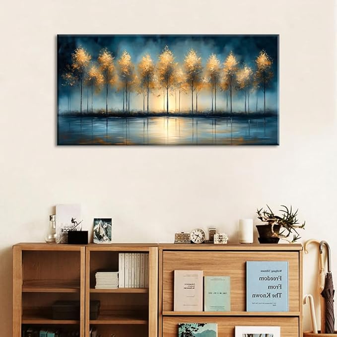 ZESTRILIA Golden Trees Wall Art Impression Canvas Abstract Sunset Oil Painting Reproduction Print Artwork Landscape Picture for Living Room Bedroom Home Office Kitchen Décor (23x46inch)