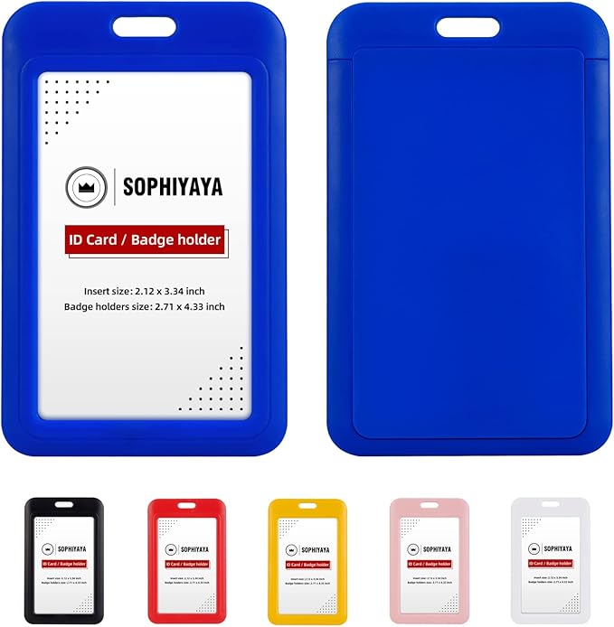 6 Pack Sliding ID Badge Holder - Heavy Duty Hard Plastic Sleeve Secures Work ID, Key Card, Credit Cards for Office, Factory, Hospital & School (Blue)