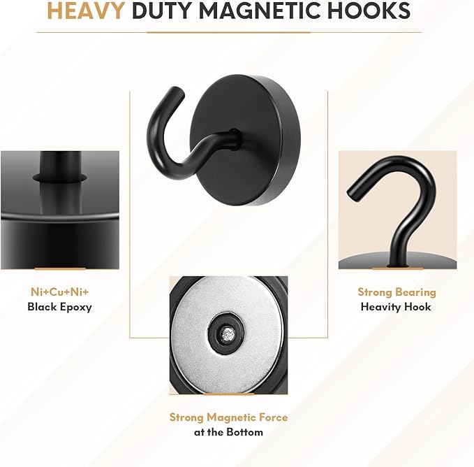 Neosmuk Magnetic Hooks, Cruise Ship Essentials, 130lb+ Heavy Duty Magnetic Hooks for Cruise Cabins, Refrigerator, Grill, Hanging, and Travel | Extra Strong Must-Haves Magnet Hook,Black
