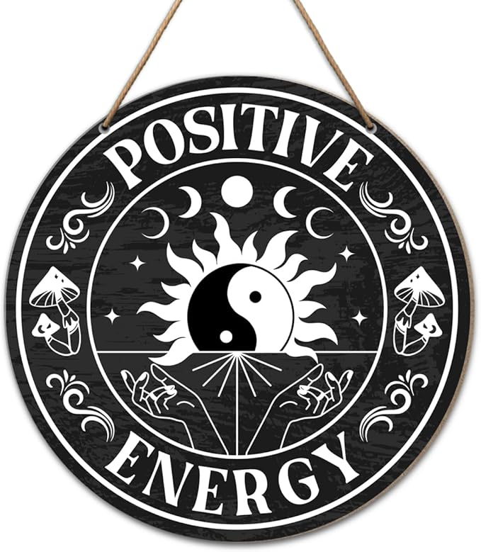 Positive Energy Wall Decor, Yin Yang Positive Energy Zen Wood Hanging Sign Decor, Inspirational Positive Energy Decorations for Home Office Zen Den Room, Positive Gifts for Women Men