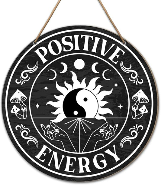 Positive Energy Wall Decor, Yin Yang Positive Energy Zen Wood Hanging Sign Decor, Inspirational Positive Energy Decorations for Home Office Zen Den Room, Positive Gifts for Women Men
