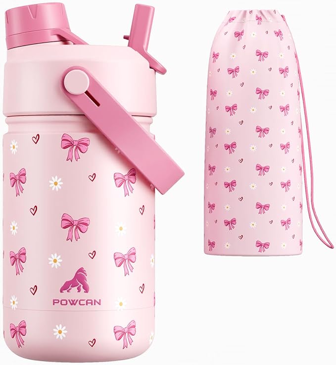 12 oz Insulated Water Bottle for Girls: 2-in-1 Straw Spout Lid, Leakproof, BPA-Free, Easy Carry, Keep Cold 24H, Cute Patterns, Kids Stainless Steel Cup for School, Travel, Holiday Gift (Bow Crush)