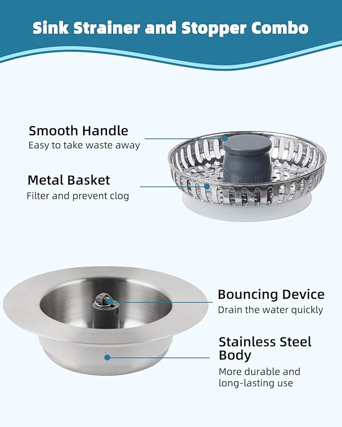 Hygie Rinse All Metal Sink Drain Strainer for Kitchen Sink 2PACK Pop Up 3-in-1 Sink Stopper Drainer with Additional 2pcs Strainers for US Standard 3-1/2 inch Drain Filter, Anti-clog