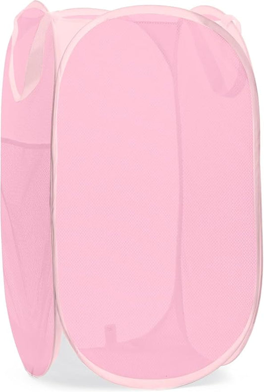 Handy Laundry Collapsible Mesh Pop Up Laundry Hamper with Side Pocket, Breathable & Space-Saving Foldable Basket for Clothes, Toys, Travel, Storage, 14 x 13 x 24 in, Pink